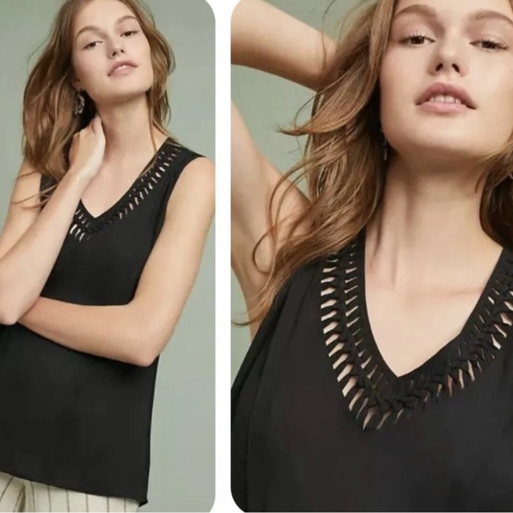 Anthropologie Maeve Black Tank Top vneck w/Cutout Neckline braided La vista XS